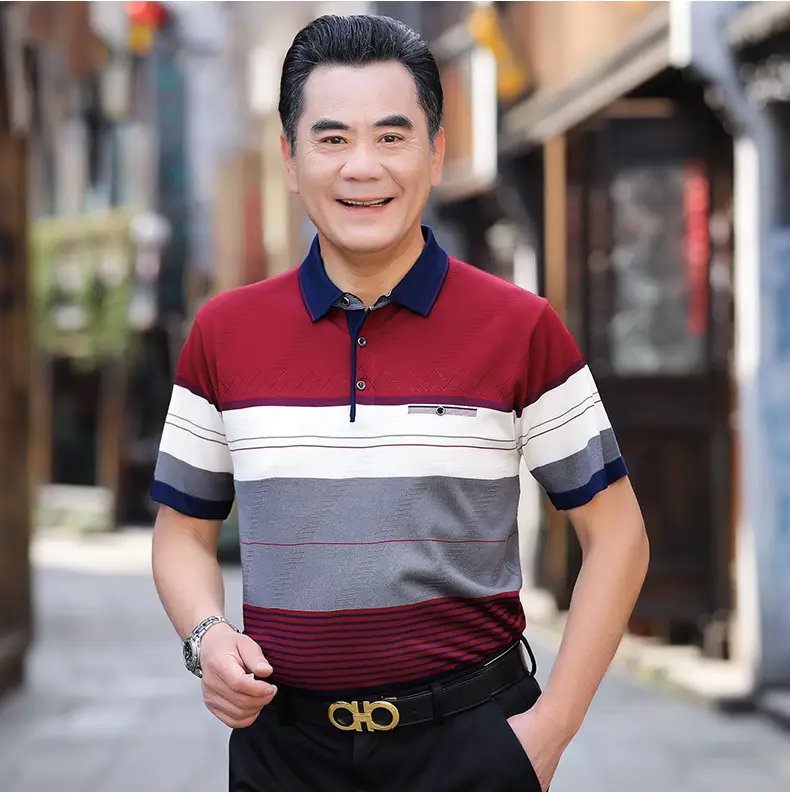 Men's 2025 Summer Lapel Polo T-Shirt Blue Beige Striped — feature 28