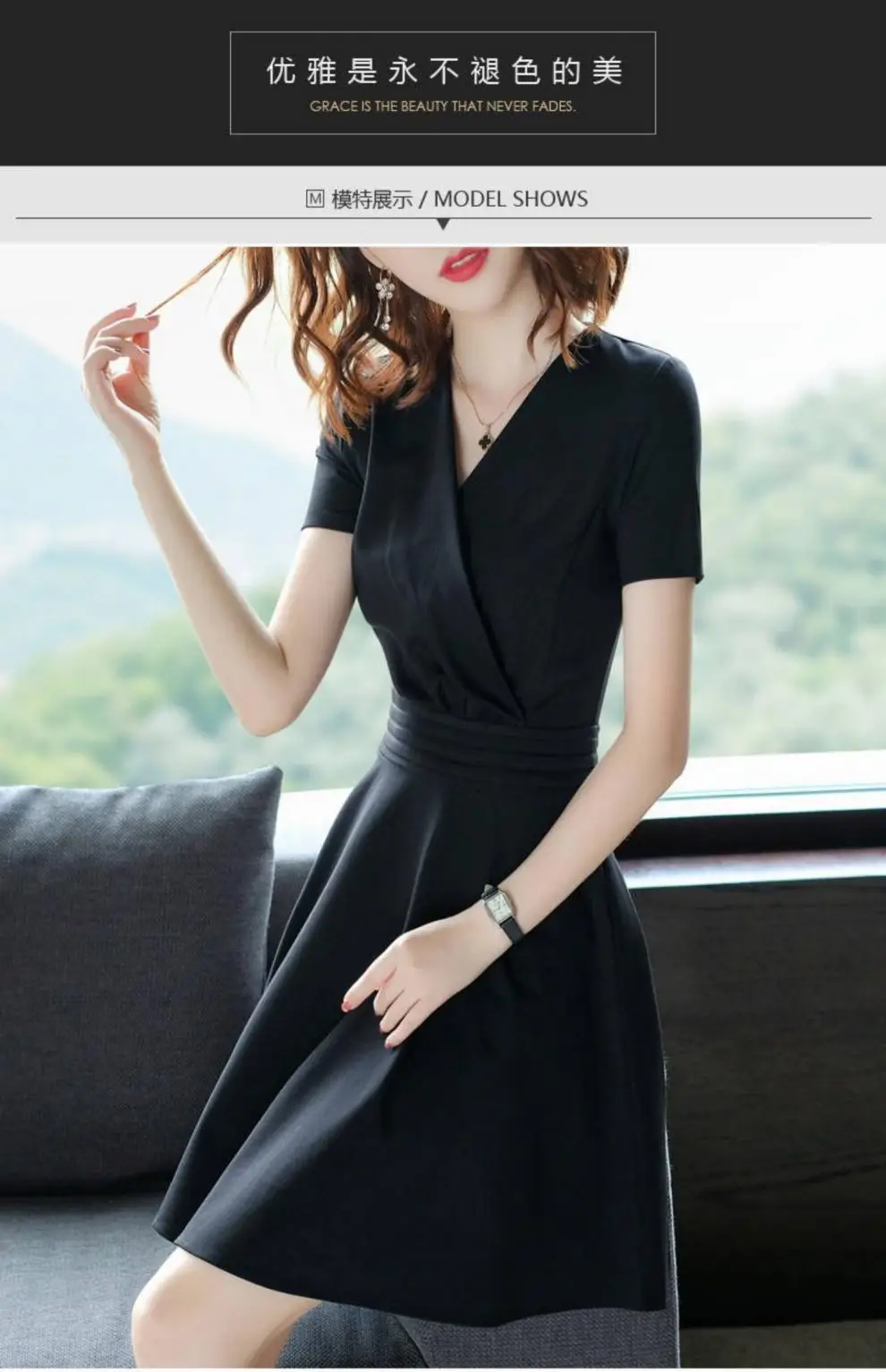 Women's Red Short Sleeve V-Neck Dress Large — feature 13