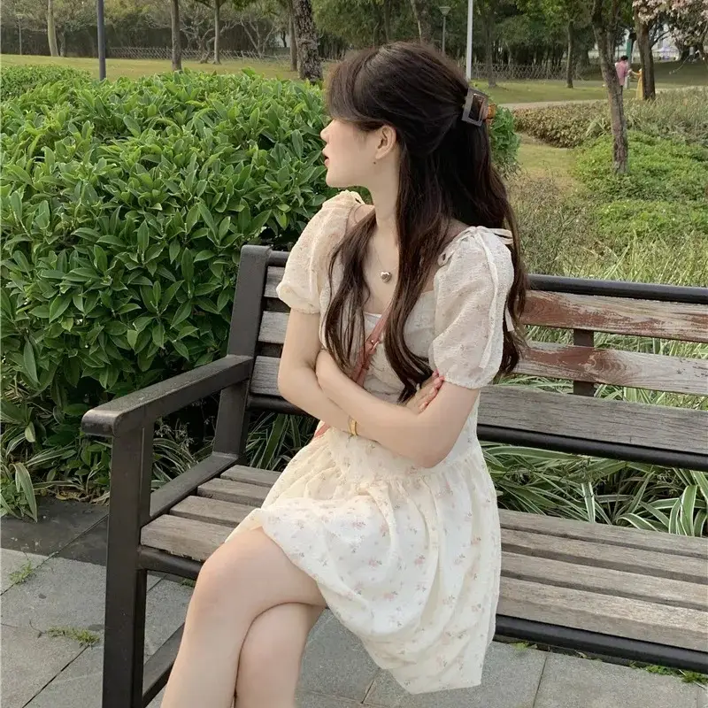 Women's New Floral Dress Spring Summer Sweet Collarbone Exposed Puff Sleeve Waist Slimming Super Fairy Short Sleeve Skirt - Image 4