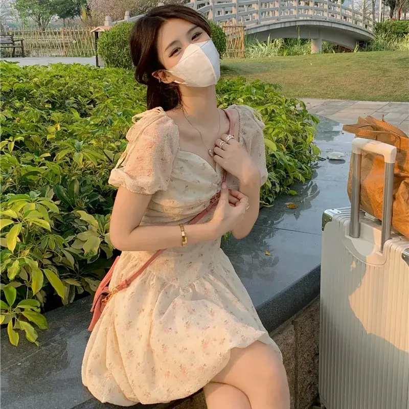 Women's New Floral Dress Spring Summer Sweet Collarbone Exposed Puff Sleeve Waist Slimming Super Fairy Short Sleeve Skirt — feature 2