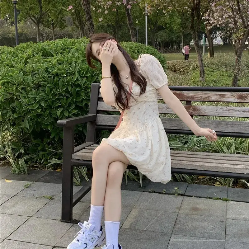 Women's New Floral Dress Spring Summer Sweet Collarbone Exposed Puff Sleeve Waist Slimming Super Fairy Short Sleeve Skirt — feature 3