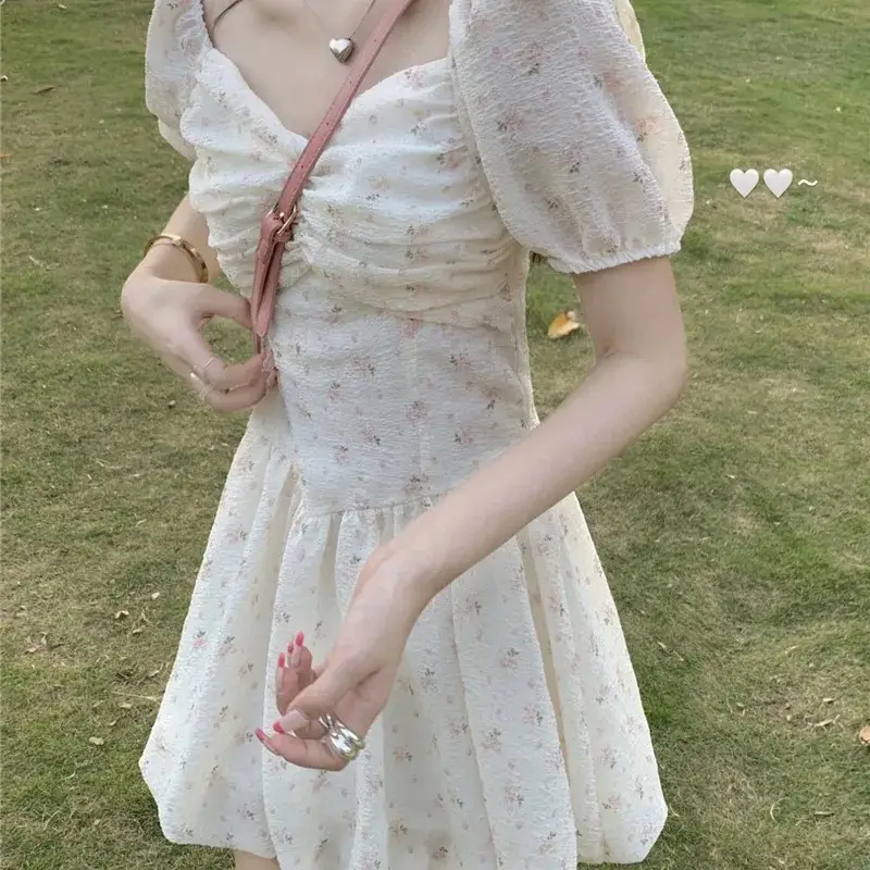 Women's New Floral Dress Spring Summer Sweet Collarbone Exposed Puff Sleeve Waist Slimming Super Fairy Short Sleeve Skirt — feature 5