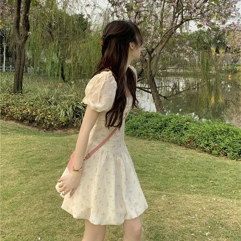 Women's New Floral Dress Spring Summer Sweet Collarbone Exposed Puff Sleeve Waist Slimming Super Fairy Short Sleeve Skirt — feature 6