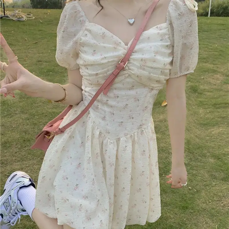 Women's New Floral Dress Spring Summer Sweet Collarbone Exposed Puff Sleeve Waist Slimming Super Fairy Short Sleeve Skirt — feature 7