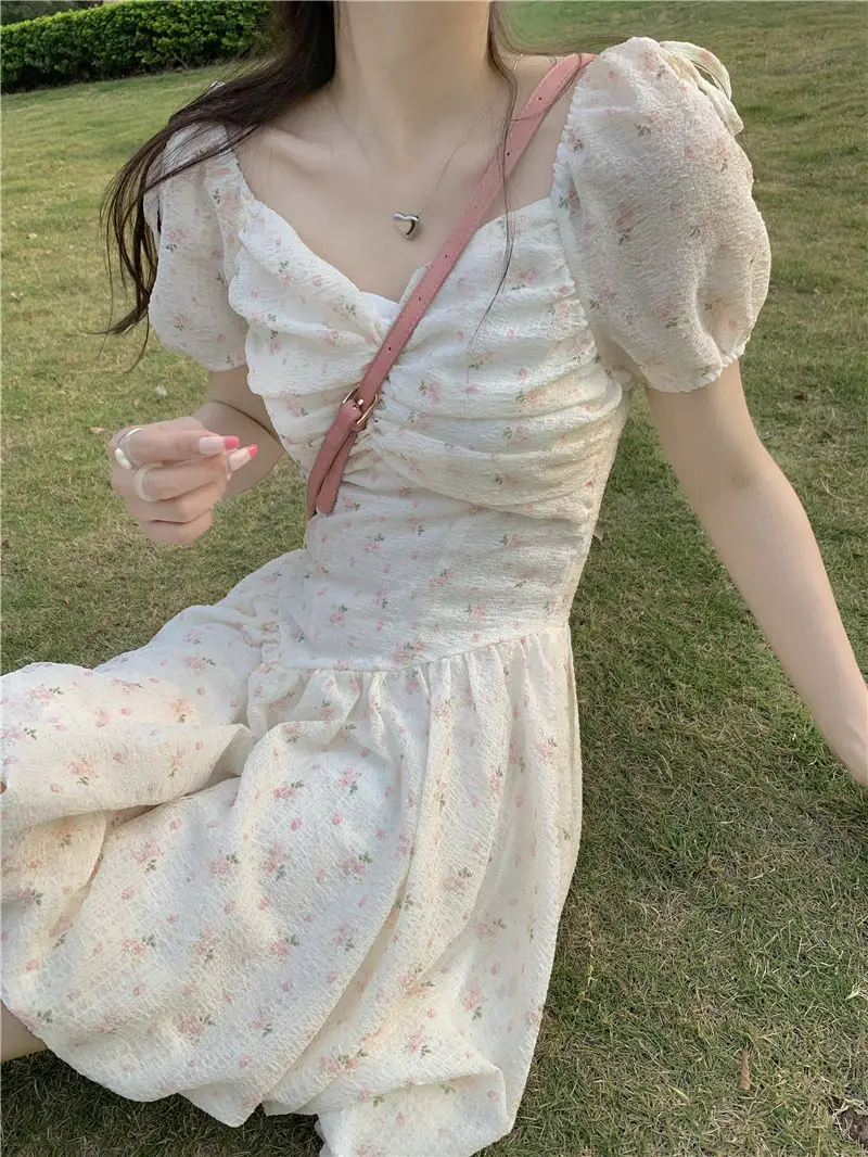 Women's New Floral Dress Spring Summer Sweet Collarbone Exposed Puff Sleeve Waist Slimming Super Fairy Short Sleeve Skirt — feature 8