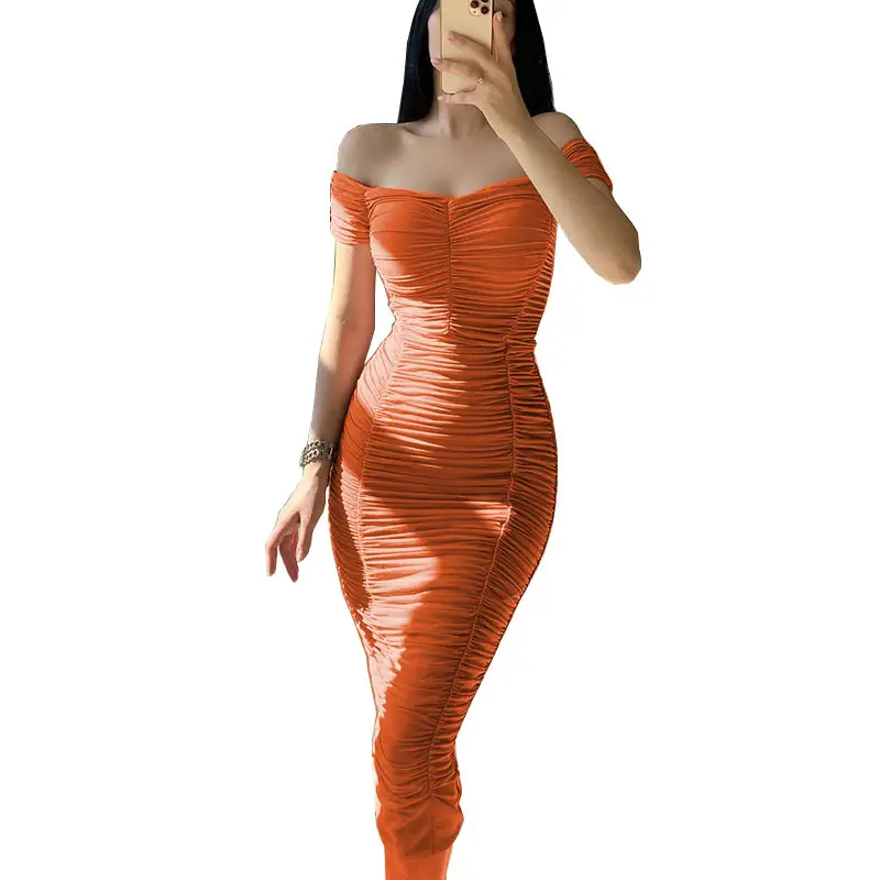 Orange One-Shoulder Gathered Long Skirt for Women