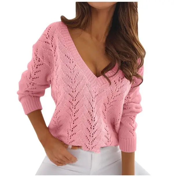 Pink Hollow V-Neck Sweater for Women - Image 9