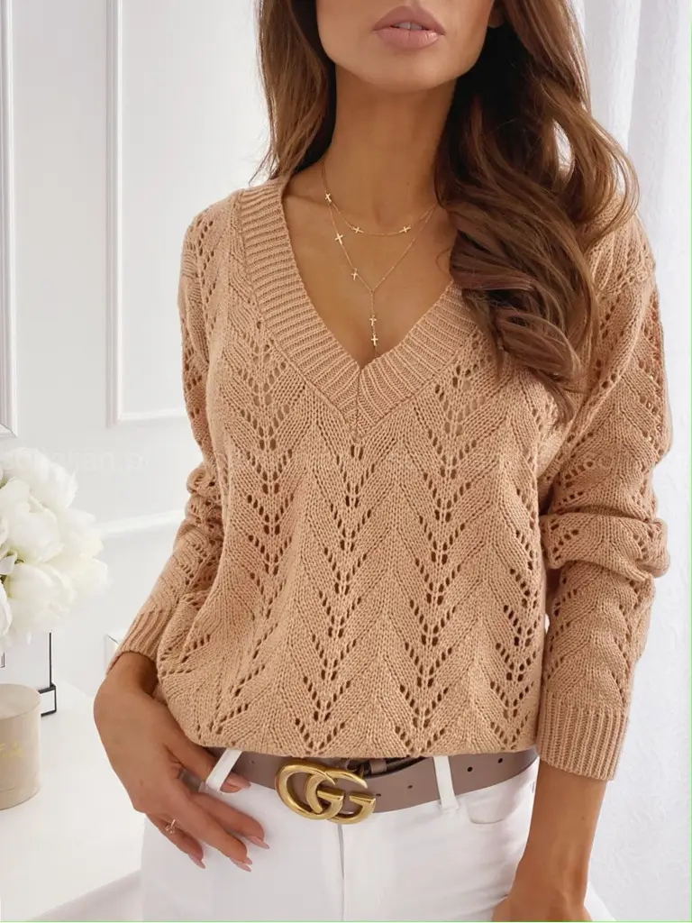 Pink Hollow V-Neck Sweater for Women - Image 2