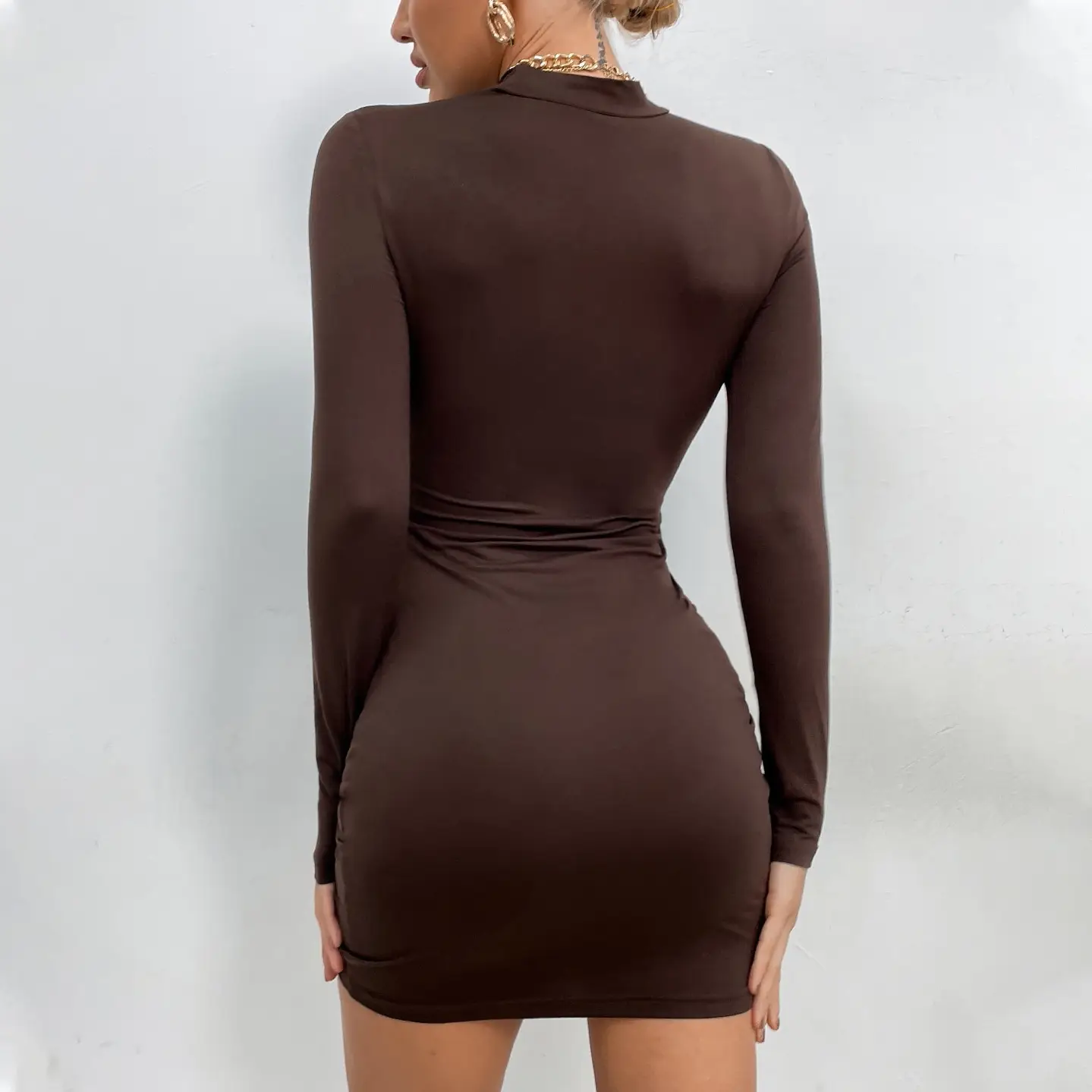 Women Slim Fit Half-Turtleneck Dress Brown Long Sleeve - Image 12