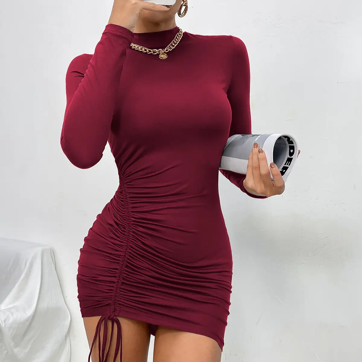 Women Slim Fit Half-Turtleneck Dress Brown Long Sleeve - Image 3