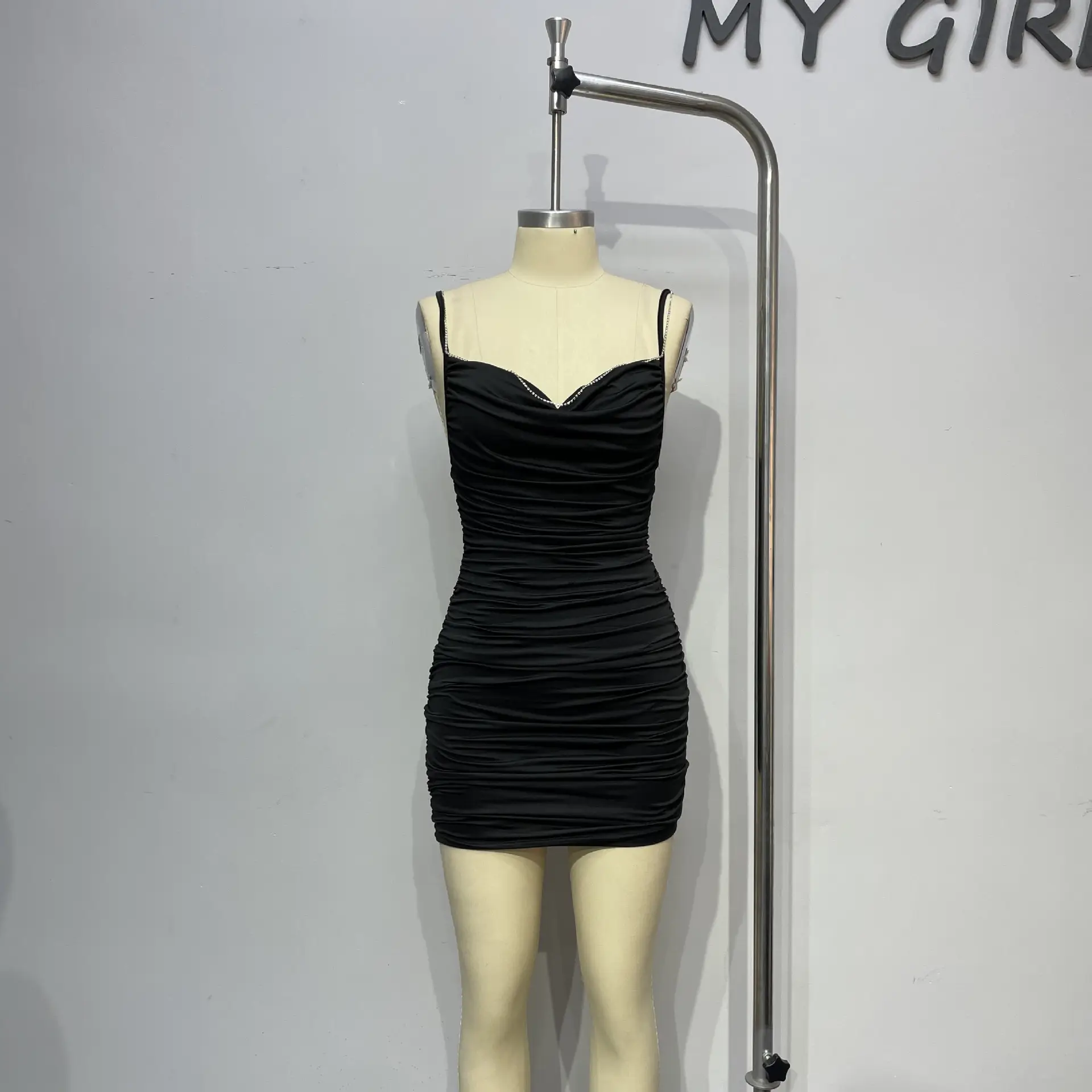 Black V-Neck Rhinestone Slim Skirt Dress — feature 25