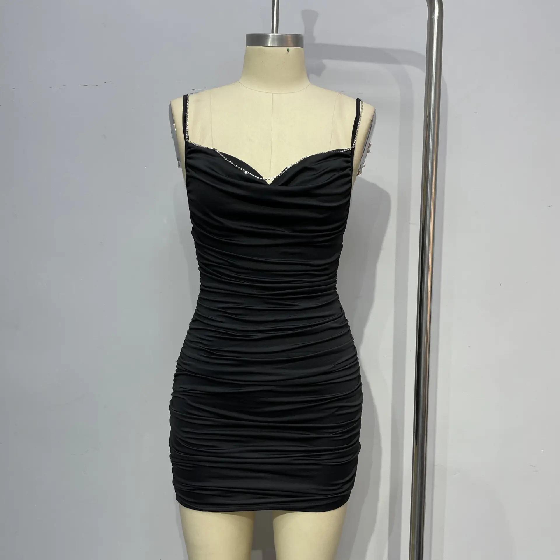 Black V-Neck Rhinestone Slim Skirt Dress — feature 29