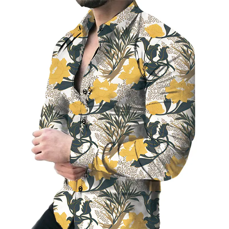 Men Floral Long Sleeve Shirt Plus Size Spring Autumn Wear