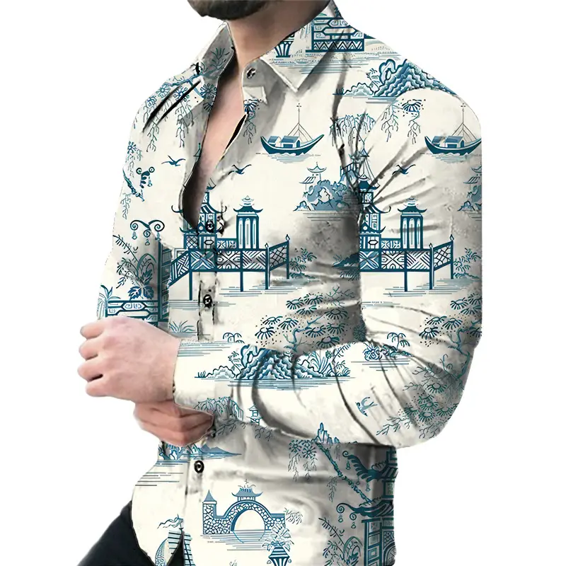Men Floral Long Sleeve Shirt Plus Size Spring Autumn Wear