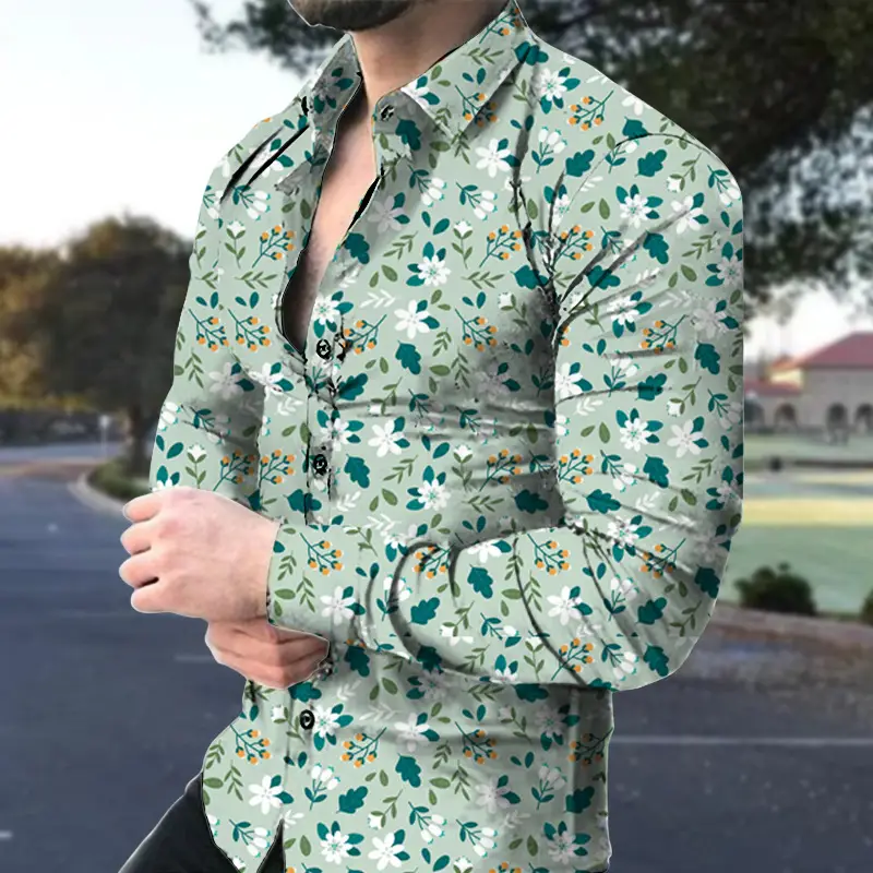 Men Floral Long Sleeve Shirt Plus Size Spring Autumn Wear