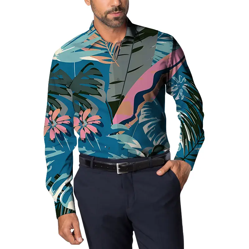 Men Floral Long Sleeve Shirt Plus Size Spring Autumn Wear