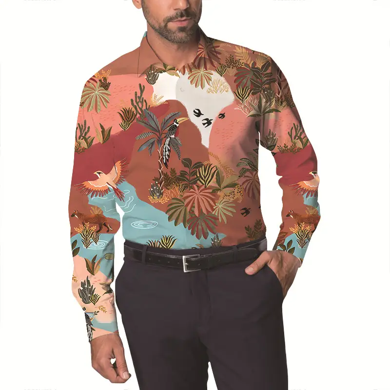 Men Floral Long Sleeve Shirt Plus Size Spring Autumn Wear