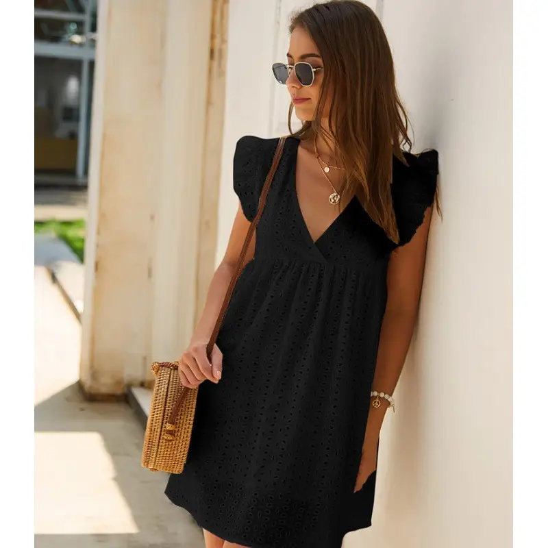Yellow Lace Jacquard V Neck Dress with Flap Pocket