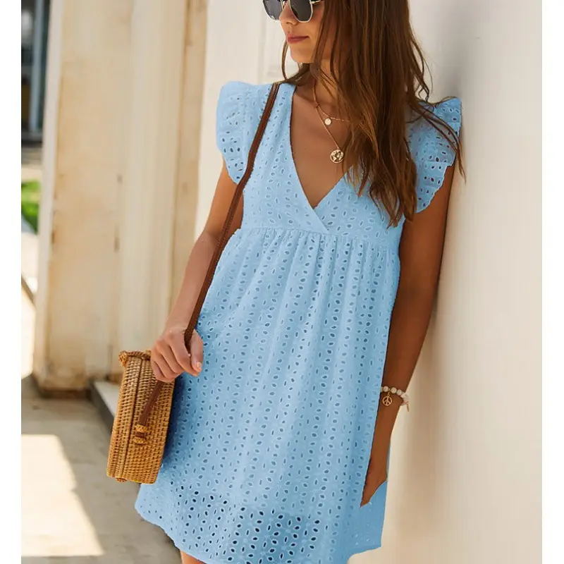 Yellow Lace Jacquard V Neck Dress with Flap Pocket