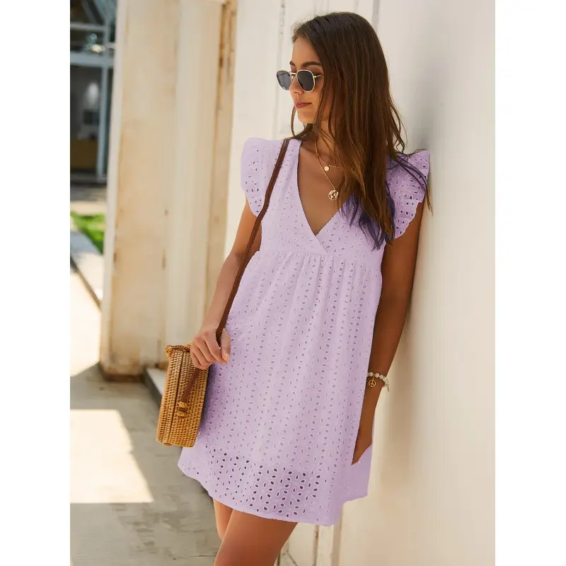 Yellow Lace Jacquard V Neck Dress with Flap Pocket