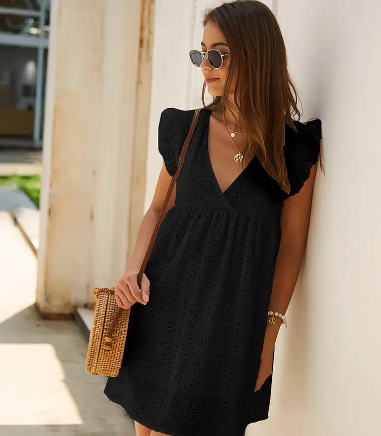 Yellow Lace Jacquard V Neck Dress with Flap Pocket — feature 4
