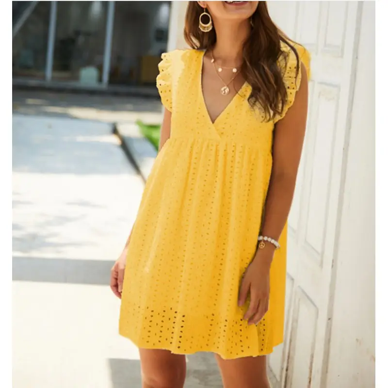 Yellow Lace Jacquard V Neck Dress with Flap Pocket
