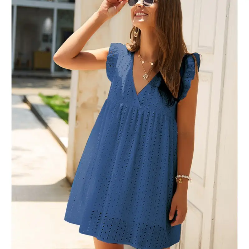 Yellow Lace Jacquard V Neck Dress with Flap Pocket
