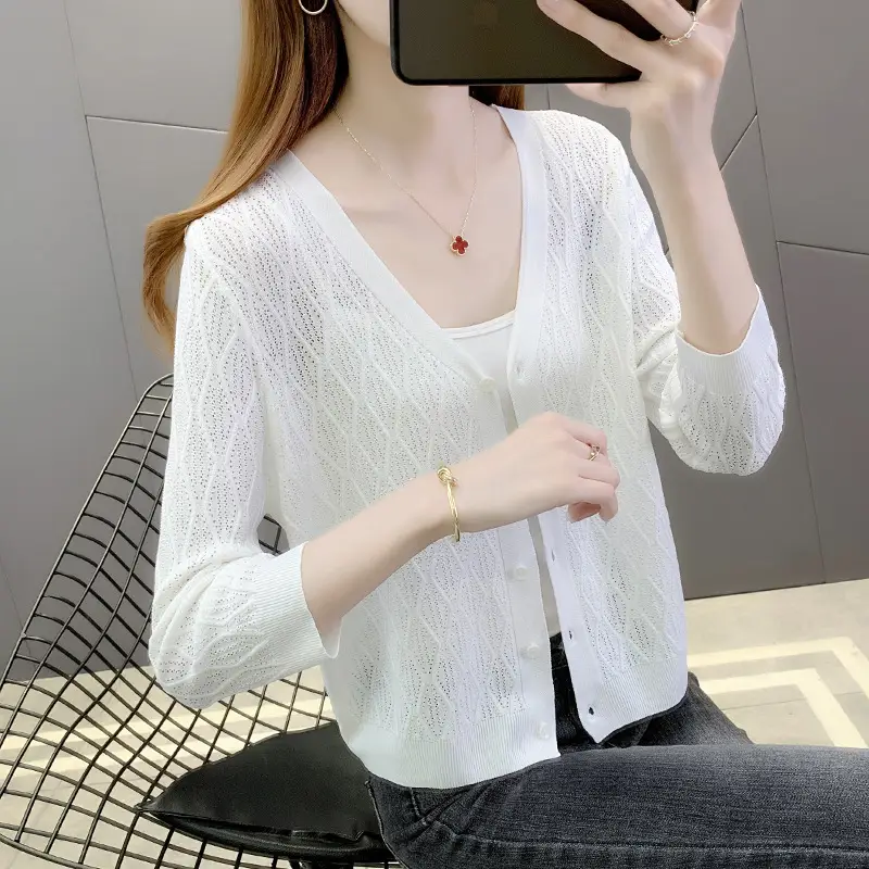 Pink Knitted Cardigan Women Summer Wear Ice Silk Shawl - Image 6