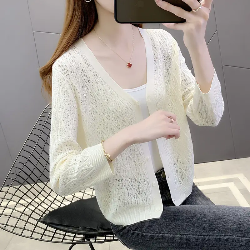 Pink Knitted Cardigan Women Summer Wear Ice Silk Shawl - Image 7