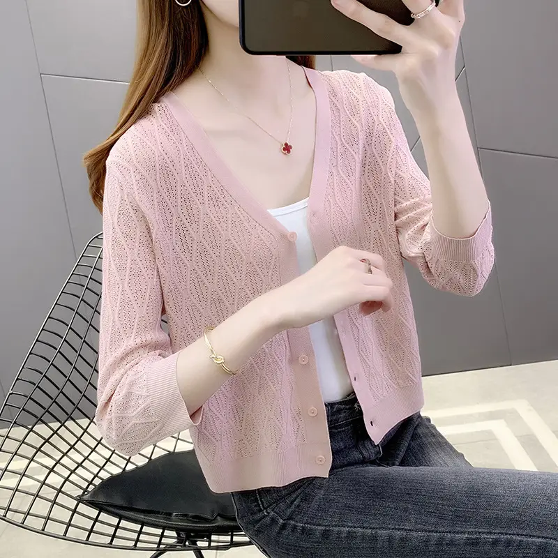 Pink Knitted Cardigan Women Summer Wear Ice Silk Shawl - Image 9