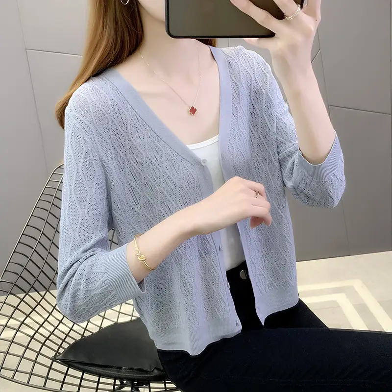Pink Knitted Cardigan Women Summer Wear Ice Silk Shawl - Image 10