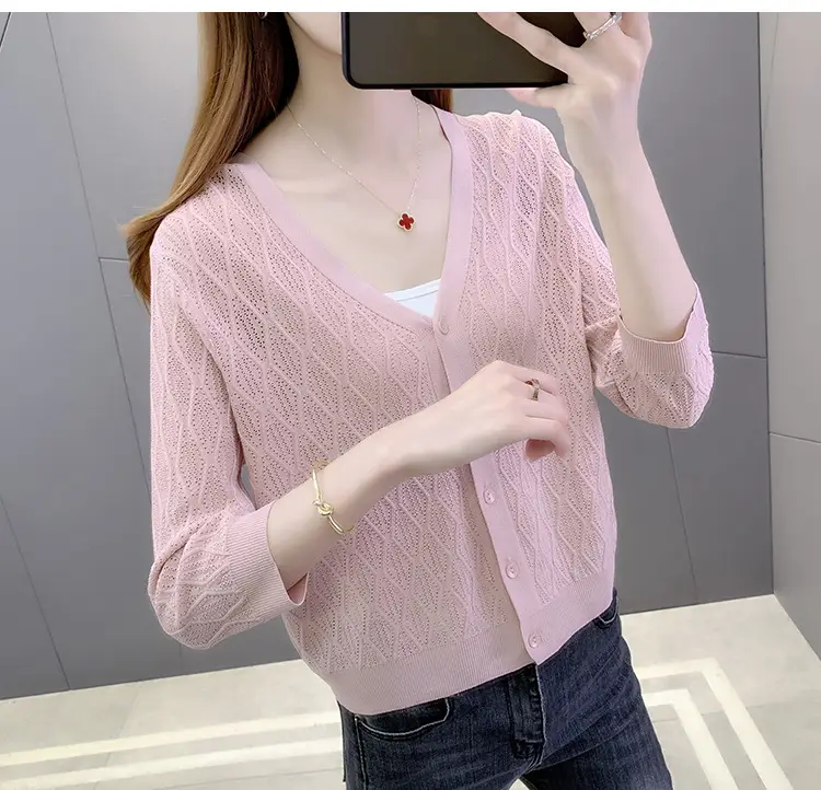 Pink Knitted Cardigan Women Summer Wear Ice Silk Shawl — feature 13
