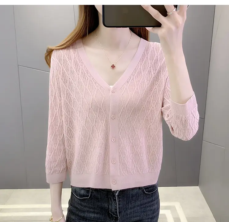 Pink Knitted Cardigan Women Summer Wear Ice Silk Shawl — feature 14