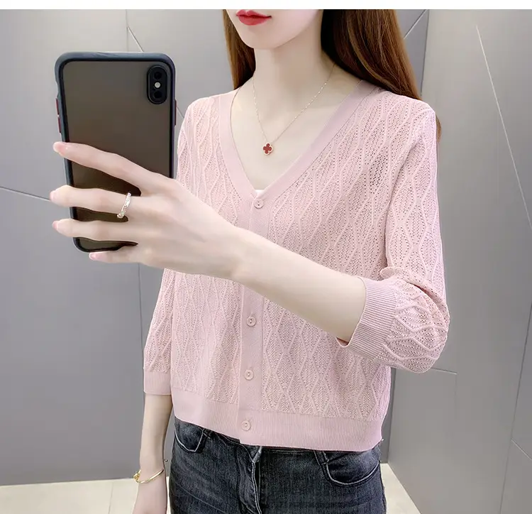 Pink Knitted Cardigan Women Summer Wear Ice Silk Shawl — feature 15