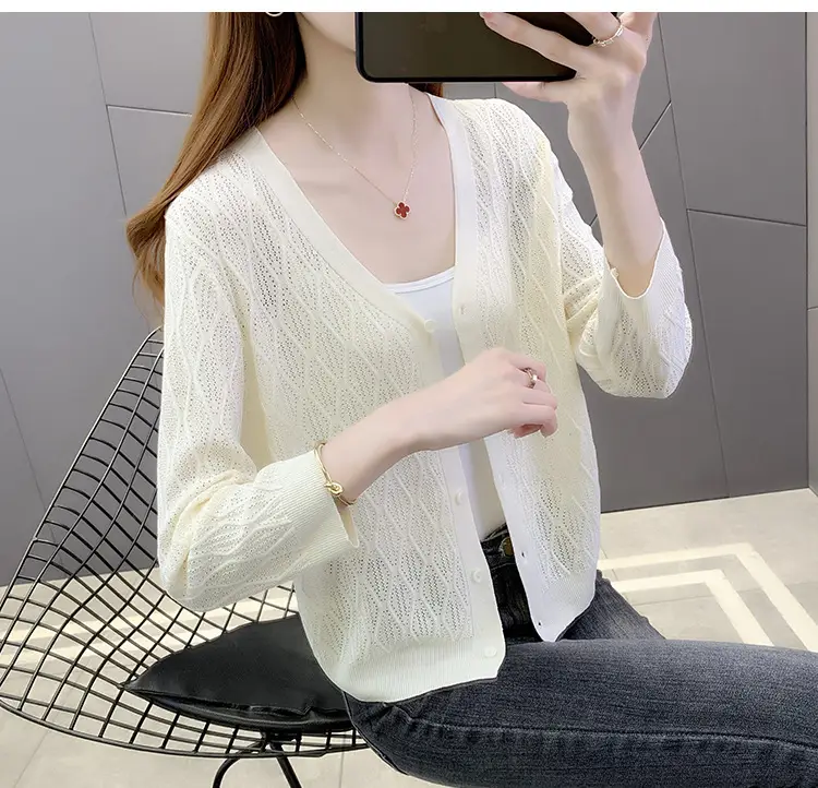 Pink Knitted Cardigan Women Summer Wear Ice Silk Shawl — feature 3