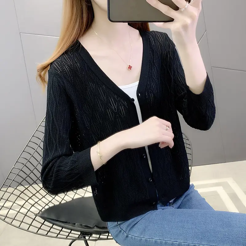 Pink Knitted Cardigan Women Summer Wear Ice Silk Shawl - Image 3
