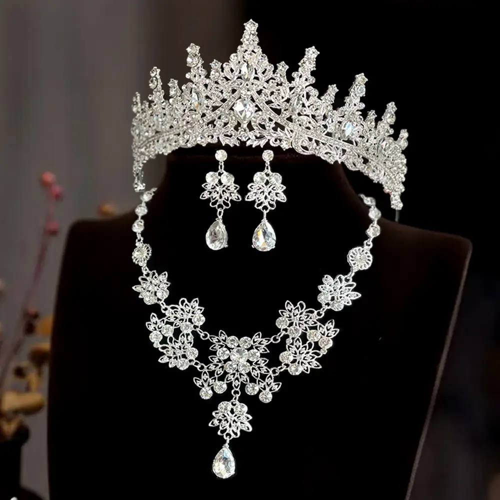 Korean Bridal Crown Set with Earrings & Necklace