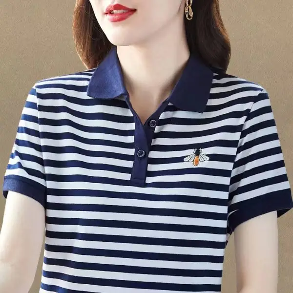 Women Red White Striped Polo T-Shirt 2023 Summer Loose Fit - Image 6