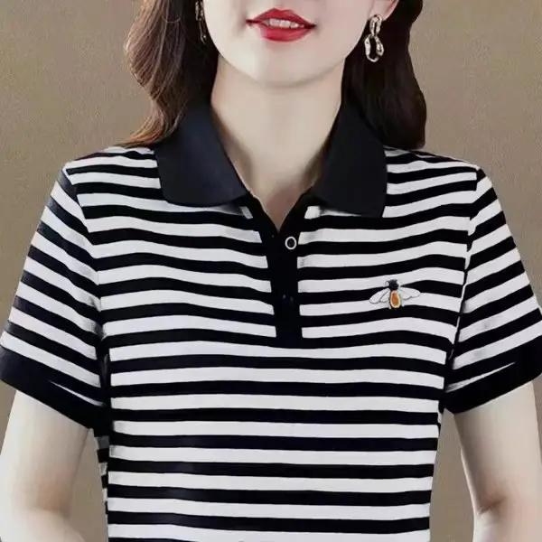 Women Red White Striped Polo T-Shirt 2023 Summer Loose Fit - Image 7