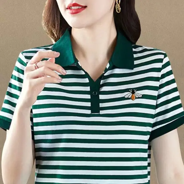 Women Red White Striped Polo T-Shirt 2023 Summer Loose Fit - Image 8