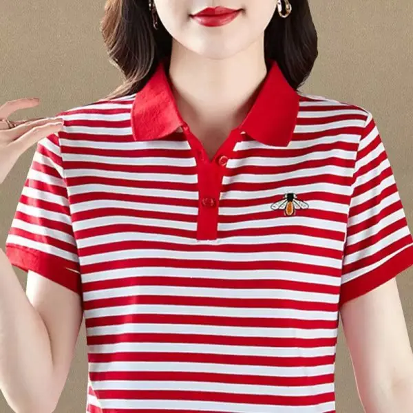 Women Red White Striped Polo T-Shirt 2023 Summer Loose Fit - Image 9