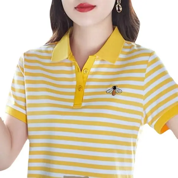 Women Red White Striped Polo T-Shirt 2023 Summer Loose Fit - Image 10