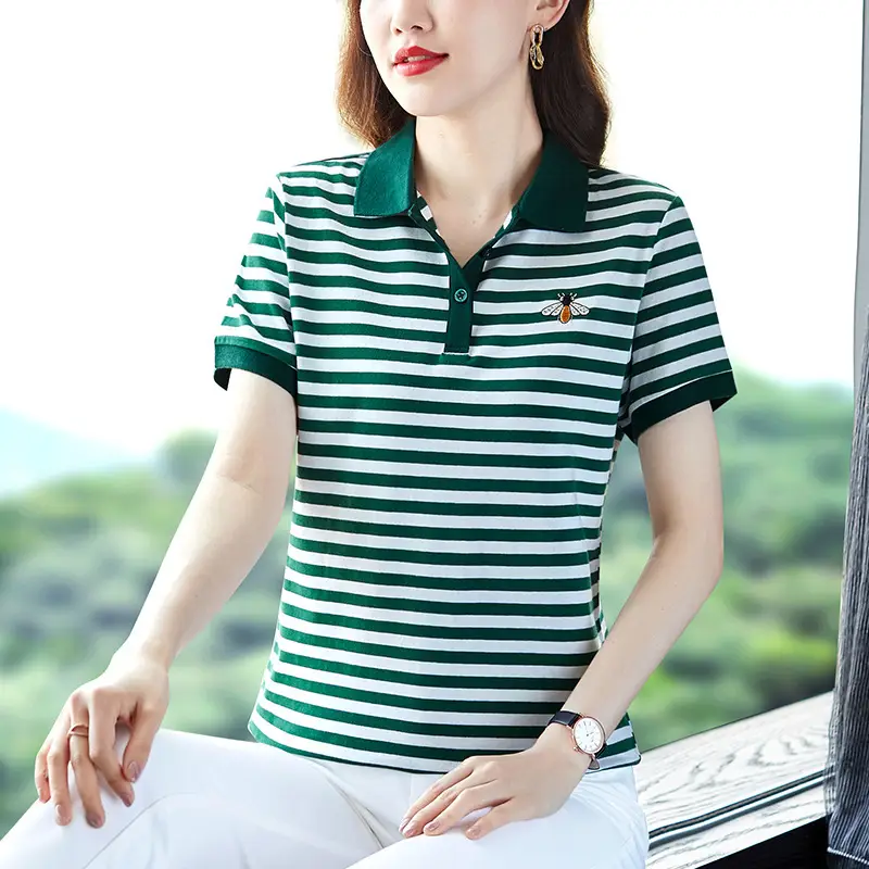 Women Red White Striped Polo T-Shirt 2023 Summer Loose Fit - Image 2