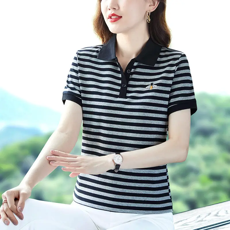 Women Red White Striped Polo T-Shirt 2023 Summer Loose Fit - Image 3