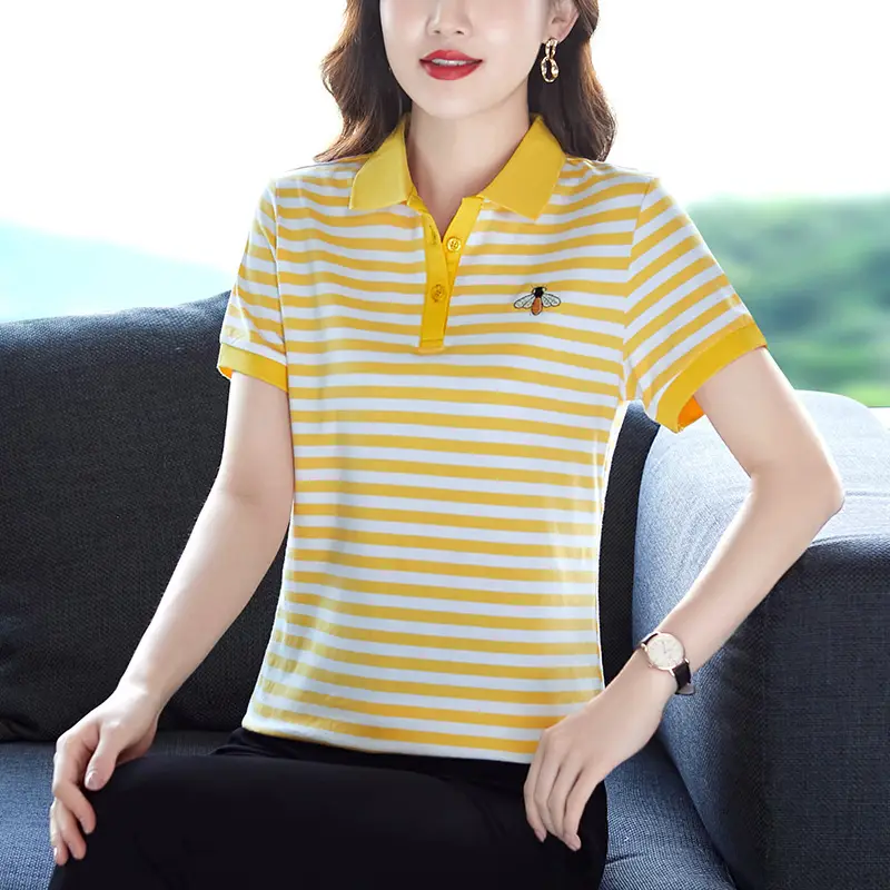 Women Red White Striped Polo T-Shirt 2023 Summer Loose Fit - Image 4