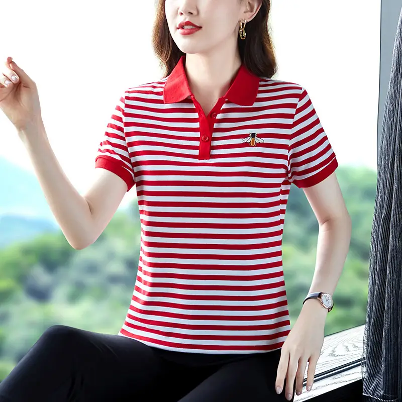 Women Red White Striped Polo T-Shirt 2023 Summer Loose Fit - Image 5