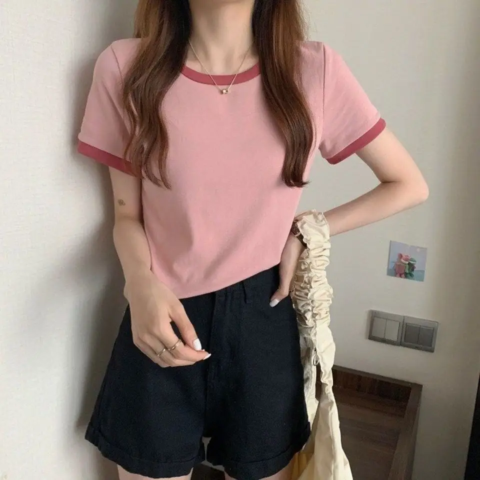 Women Pink Round Neck Short Sleeve T-Shirt 2022 - Image 24
