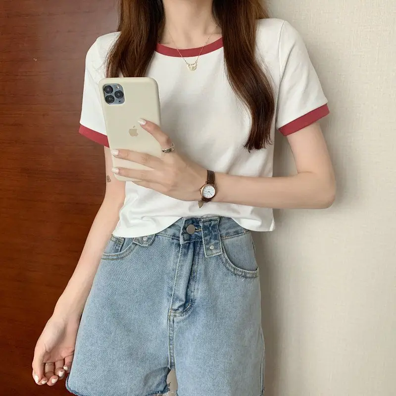 Women Pink Round Neck Short Sleeve T-Shirt 2022 — feature 14