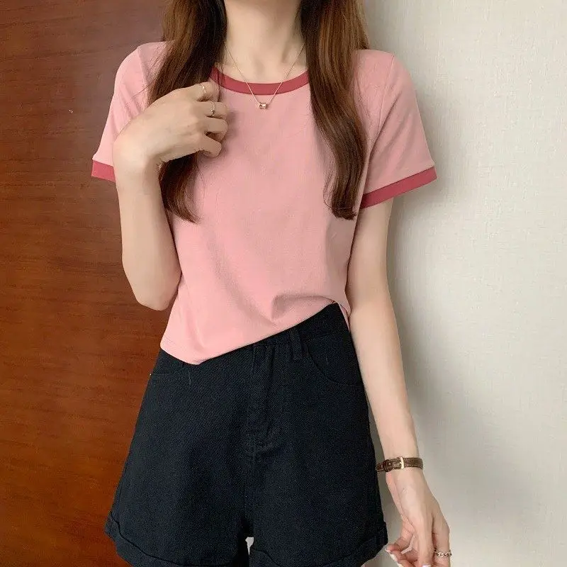 Women Pink Round Neck Short Sleeve T-Shirt 2022 — feature 29