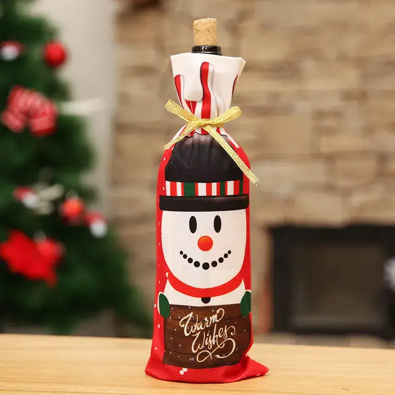 Red Wine Bottle Decor with Cartoon Snowman Design - Image 2